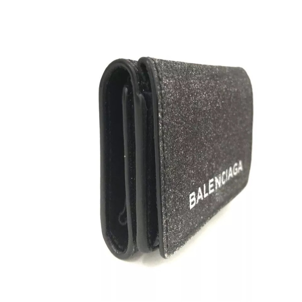 Authentic BALENCIAGA Logo Glitter Leather Trifold Wallet Black with box - Picture 2 of 15